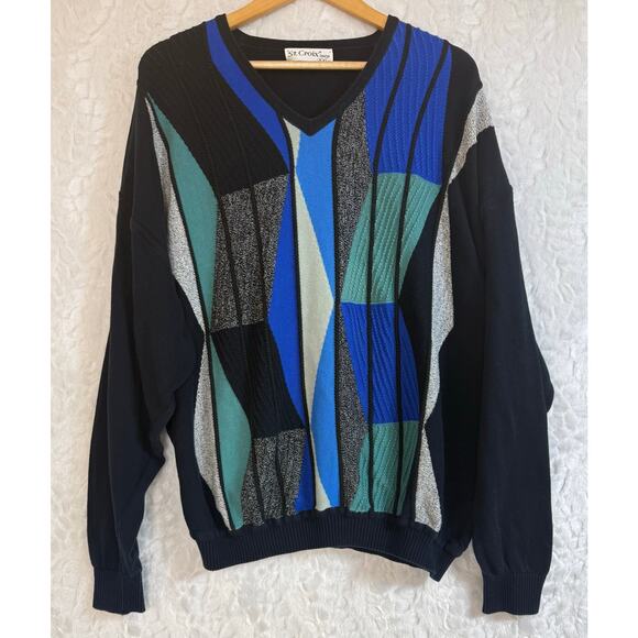 VTG 90s St. Croix V-neck Sweater Geometric 3D Knit Multicolor Grandpa Coogi XXL - Picture 1 of 10